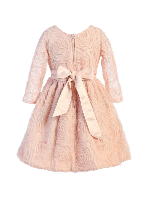 Sweet Kids Little Girls Blush Rosette Mesh Satin Belt Easter Dress 2-6 - SophiasStyle.com